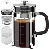 QUQIYSO French press 34oz capacity with clear borosilicate beaker for ample coffee.