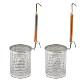 QYQRQF stainless steel pasta strainer with wood handle shown in pot for fast drainage.