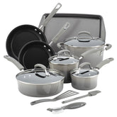 Rachael Ray Brights 14-piece set with pots and pans, showcasing durable enamel and easy food release.