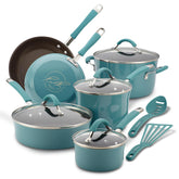 Rachael Ray Cucina 12-piece agave blue set, full view showing durable enamel exterior