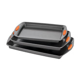 Rachael Ray Yum-o nonstick bakeware 3-piece gray set ready for easy food release.