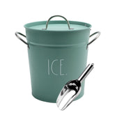 Rae Dunn ice bucket sage with lid and handle keeps ice ready for parties.