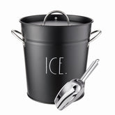 Rae Dunn ice bucket with scoop in black keeps drinks cold at parties.
