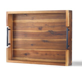 Rakyto ottoman tray with acacia wood and metal handles for secure serving.