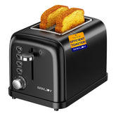 RAMJOY Black Toaster 2-Slice front view with compact design saving counter space.