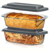 Razab loaf pan set with lids, 7.6 cups, ideal for baking and storing leftovers.