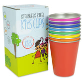 Real Deal Steel rainbow kids cups 6-pack on table, colorful and kid-friendly.