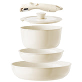 Redchef detachable-handle cookware for versatile cooking from stove to table.
