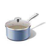 Redchef blue sauce pan with lid for easy simmering and moisture retention.