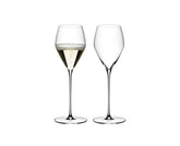 Riedel Veloce champagne glass side view highlighting slender bowl for aroma.