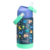 Rockpapa Kids Insulated Bottle with Blue Dinosaur pattern for spill-free hydration.