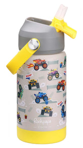 Rockpapa Kids insulated bottle with straw and grey trucks lid, great for school hydration.