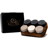 ROCKS WHISKEY CHILLING STONES set with hardwood tray for elegant presentation.