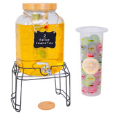 Roemey 2-Gallon Glass Dispenser with Stand showing clear measurements for easy portioning