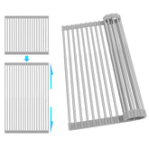 Romise Roll Up Drying Rack extended on sink for large pots and pans.