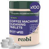 Roobi espresso cleaning tablets front of 100-count pack, carbon-neutral packaging.