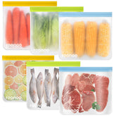 ROONOO 6-pack dishwasher-safe freezer bags for organized meal prep and storage.