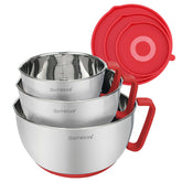 Rorence mixing bowls set with red lids and pour spout for easy prep.