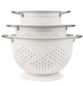 Rorence white colander set packaging emphasizes durable construction for everyday rinsing.