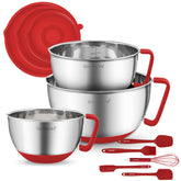 Rorence three-piece stainless steel mixing bowls with red lids for organized kitchen prep