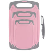 ROTTOGOON pink-gray cutting board set with non-slip feet for stable slicing.