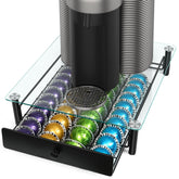 ROWISE coffee pod drawers with crystal glass top showing 40 capsules for quick access