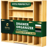 ROYAL CRAFT WOOD luxury bamboo drawer organizer extended keeps wide drawers neatly organized and spacious.