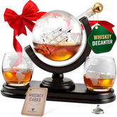 Royal Reserve globe decanter with etched world map enhances display