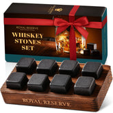Royal Reserve whiskey stones gift set with handcrafted wood tray for elegant gifting.