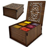 RoyalHouse premium wood tea storage box front view shows organized tea bags.