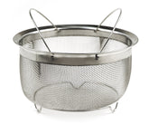 RSVP International mesh colander basket with folding handles, ideal for steaming and quick lifting.