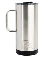 RTIC Travel Coffee Cup 16 oz stainless, empty on a table, keeps beverages hot or cold.