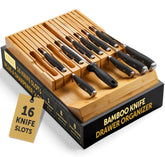 RUBOXA bamboo knife drawer organizer showing 16-slot layout for easy access to blades