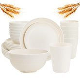 Rubtlamp 24-pc wheat straw dinnerware set laid out for a casual table setting with easy cleanup