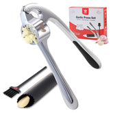 Safi Garlic Press Set front view with zinc alloy handle for effortless prep.