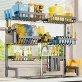 Sakugi dish drying rack over the sink with rustproof baskets for direct draining.