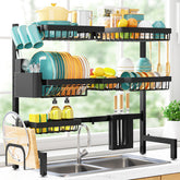 Sakugi over-sink dish rack 3-tier displays organized, drip-free drying over the sink.