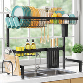 Sakugi over-the-sink dish drying rack side view showing ample capacity and utensil storage