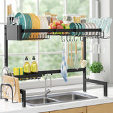 Sakugi over-the-sink dish drying rack showing wide setup for many items.