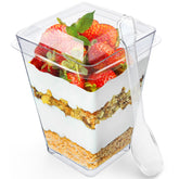 Sammray 50-pack 5 oz plastic dessert cups with lids and spoons for party servings.