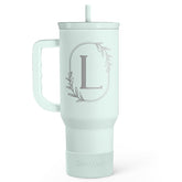 SANDJEST 40oz monogram tumbler with handle, front view for daily hydration.