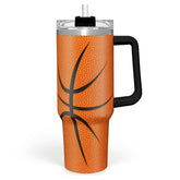 SANDJEST basketball tumbler with handle showing 40oz capacity for all-day hydration.