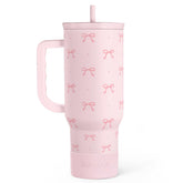 SANDJEST Coquette Bow tumbler with handle keeping beverages at ideal temperature on the go