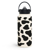 SANDJEST cow-print bottle front view 32oz for all-day hydration on the go