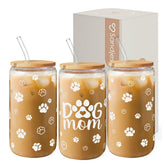 SANDJEST Dog Mom Cup 16oz glass mug with lid on desk for stylish iced coffee on the go.