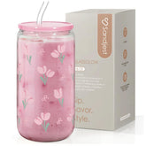 SANDJEST floral glass can with tulip shape, ideal for iced coffee at home.