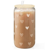 SANDJEST Heart 16oz glass tumbler with lid and straw for stylish iced drinks.