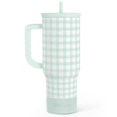SANDJEST Mint Gingham 40oz Slider Tumbler front view showing large capacity for on the go hydration