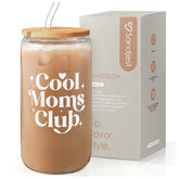 SANDJEST Mom glass can with lid and straw for on-the-go iced drinks