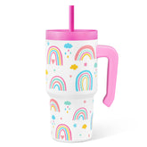 SANDJEST Rainbow Tumbler 20oz with handle for easy kid-friendly hydration.